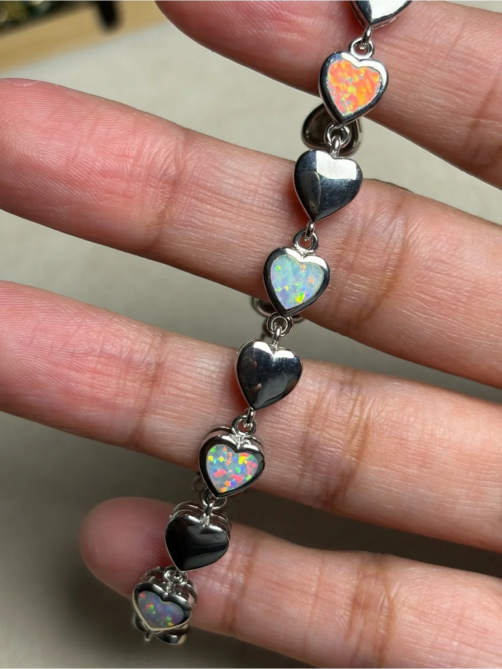 Silver Heart Opal Link Bracelet - Iridescent Pink & Blue